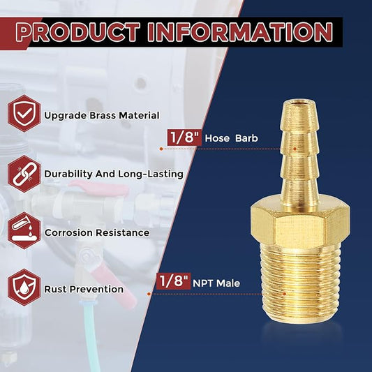 Pack of 1 Brass Hose Barb Fittings Adapter Connector 1/8" Hose Barb to 1/8" NPT Male Fittings for Home Machines, Massage Bathtubs, and Irrigation Systems