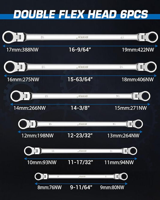 DISEN Extra Long Flex Head Ratcheting Wrench set, 6Pcs Double Box End Long Reach Ratchet Wrench Set Metric 8-19mm, CRV Steel, with Pouch, Gifts for Father, Man