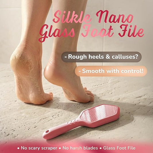 SILKLE Nano Glass Foot File - Silicone Foot Callus Remover for Feet and Cracked Heels - Heel Scraper for Dead Skin - Ergonomic Foot Scrubber & Exfoliator for Shower with Non-Slip Grip - Pink