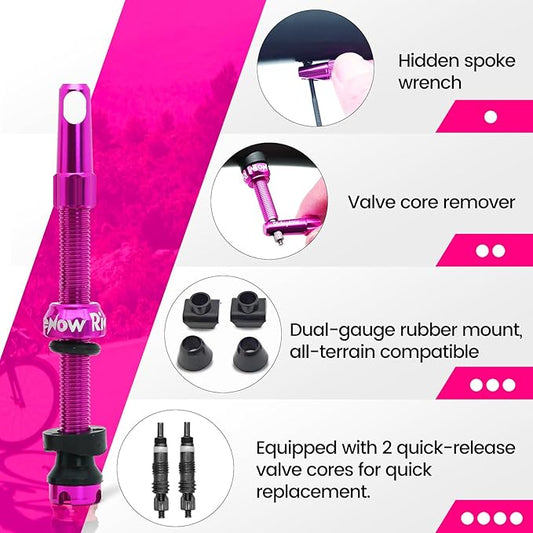 RideNow Tubeless Presta Valve Stems, 65mm Super Light 7075 Aluminum Alloy Presta Tubeless Valve Stem Kit with Valve Core Remover Tool and Valve Stem Caps, Multiple Color and Size Options(Pair), Purple