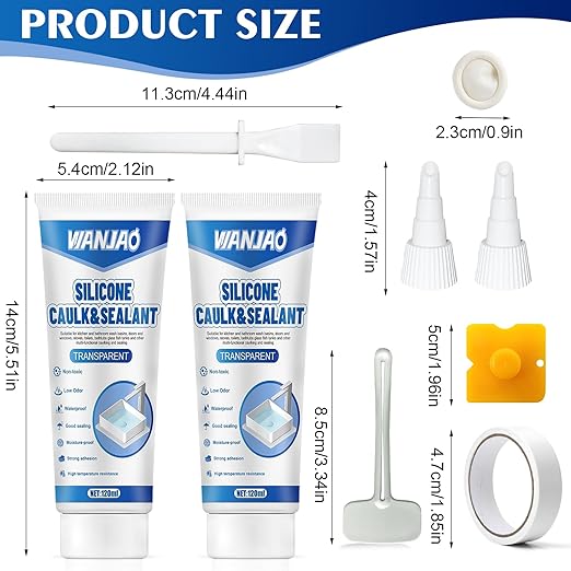 Bathtub Caulk, Clear Silicone Sealant Waterproof, Strong Adhesion High Efficiency Long-Lasting for Bathroom Glass Partitions Wash Basins Bathtubs Countertops, Transparent, 2 * 120ml