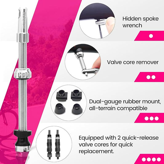 RideNow Tubeless Presta Valve Stems, 85mm Super Light 7075 Aluminum Alloy Presta Tubeless Valve Stem Kit with Valve Core Remover Tool and Valve Stem Caps, Multiple Color and Size Options(Pair), Silver