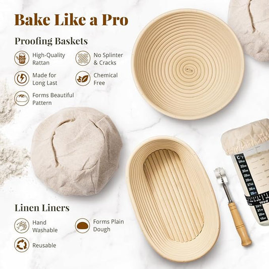 Sourdough Starter Kit, Banneton Bread Proofing Baskets Set, Sourdough Bread Baking Supplies Making Tools with Dough Scraper, Whisk, Bread Lame, Recipe