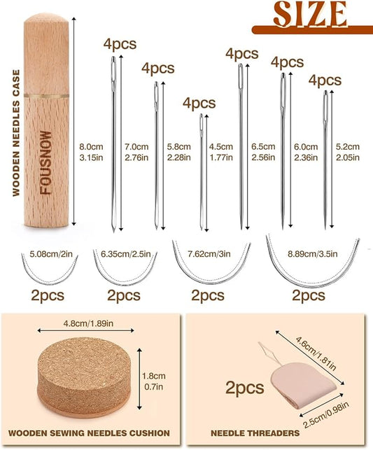 FOUSNOW 36 Pcs Heavy Duty Sewing Needles Kit, Curved Sewing Needles for Hand Sewing, Leather Sewing Needles with Wooden Sewing Needles Cushion, Needle Case for Leather Upholstery Repair Sewing