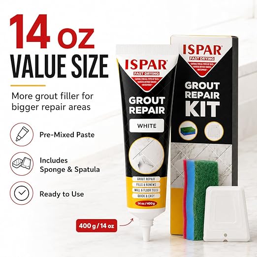 ISPAR Tile Grout Repair Kit – White Grout Filler 14 oz Value Size, Pre-Mixed Grout Repair Paste, Ready to Use Tile Joint Filler for Bathroom & Shower Tile, Spatula & Sponge