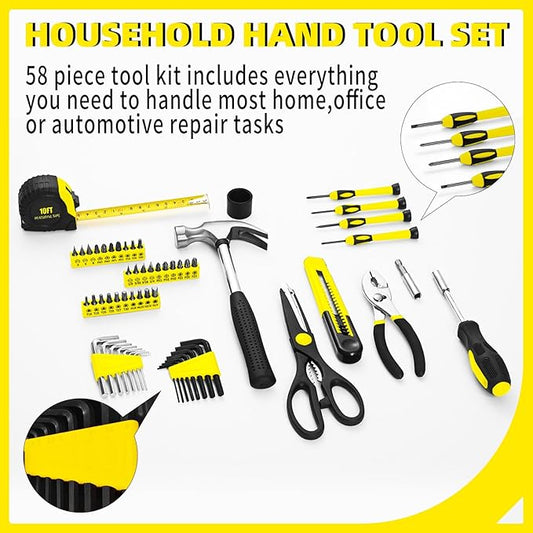 58-Piece Yellow Tool Kit | Basic Home Repair & General Household Hand Kit | Small Tool Set with Plastic Storage Toolbox for Home, Office, College & DIY Repairs