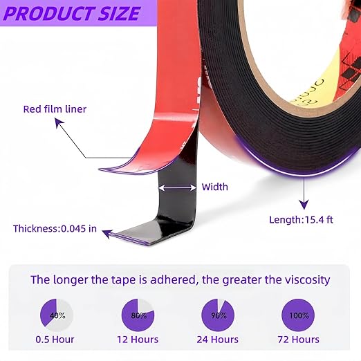 Gasenvan Double Sided Tape Heavy Duty, Mounting Adhesive Tape 1/2 in x 15.4 ft, Waterproof Adhesive Strip Tape for Indoor & Outdoor, Automotive Trim, Garage,LED Strip Lights, Home Decor