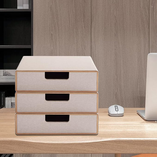 PU Leather Stackable Organizer Drawer,Executive Office Supplies Desktop Filing A4 File Cabinet/Holder for Jewelry/Bill/Paper/Documents/Makeup Home Decor Stationery Storage Box,Beige