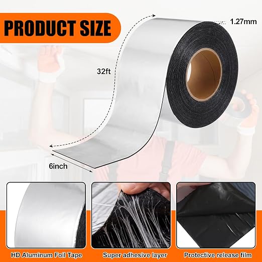 1 Pcs 50 Mil Heavy Duty Aluminum Foil Rubber Tape, Waterproof, for Sealing Roof Flashing, and Repairs in Punctures in Trailers, Truck Bodies, Containers, RVs and Campers (6" X 32')