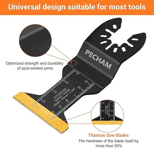 PECHAM 11PCS Titanium Oscillating Tool Blades, Universal Oscillating Multitool Blades Metal Cutting Quick Release for Hard Material Metal Nails Wood Plastic fit More Oscillating Tools