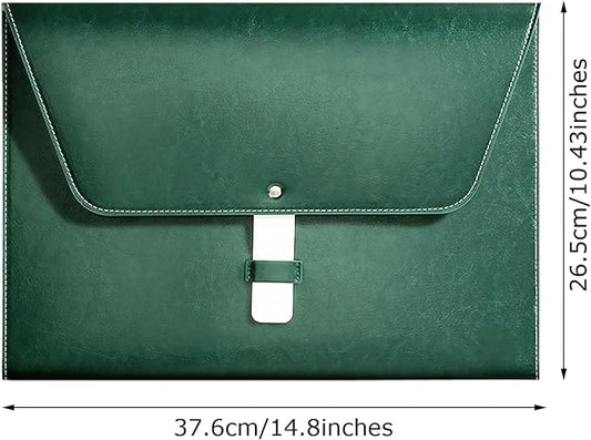 PU Leather A4 File Folder Large Document Holder Waterproof Envelope Folder Case with Handmade Closure (Green)