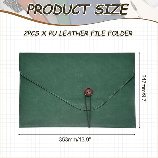 PATIKIL 2Pcs Leather Folder, 14x10 Leather Document Holder File Folder PU Pouch Bag Portfolio File Organizer Button Personal Envelope Waterproof for Traveling Office Men Gift, Green