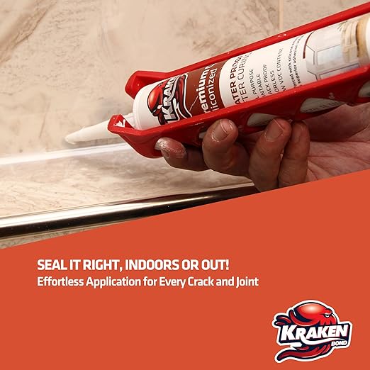 Kraken Bond Premium All Purpose Acrylic Latex Caulk - (1x10.1 fl. oz.) White Paintable Interior and Exterior Window Caulk, Baseboard, Trim, Kitchen and Bathroom - Waterproof, Odorless - 1 Pack