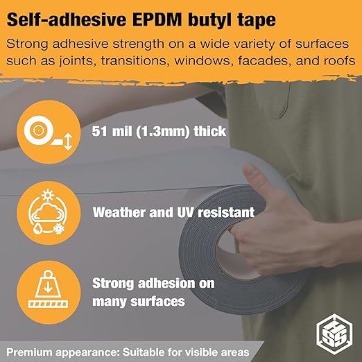 HSS Butyl Sealant Tape R2+ Reinforced EPDM, Strong, Waterproof, airtight, Weather Resistant Seal Tape for Joints, Roofs, Windows, Black, 4 inch x 50 feet