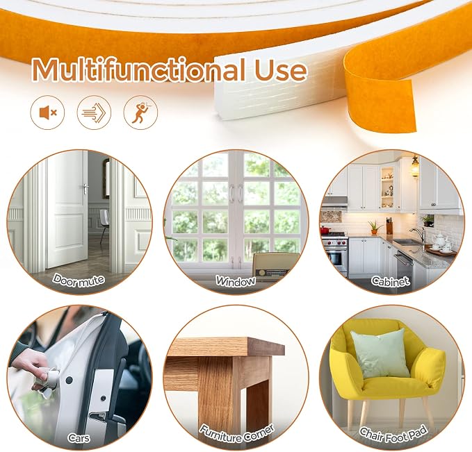 10 Feet Weather Stripping Door Seal, 3" Wide X 1/8" Thick Door Seal Strip High Density Foam Tape Adhesive Strip for Door Soundproofing,Window Insulation (3" x 1/8" x 10FT, White)