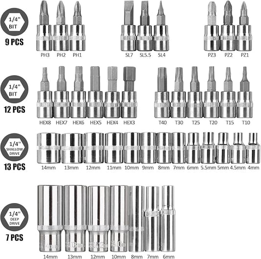 Egofine 53 Pieces 1/4 inch Drive Socket Ratchet Wrench Set with 72 Tooth Reversible Ratchet, with Bit Socket Set and Extension Bar for Auto Repairing and Household, with Storage Case