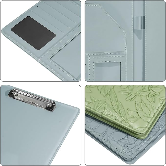 Clipboard Folder Padfolio, Embossed Faux Leather Interview Legal Document Organizer, Business Card Holder Included Letter Sized Writing Pad for Business Conference for Women Men, Blue
