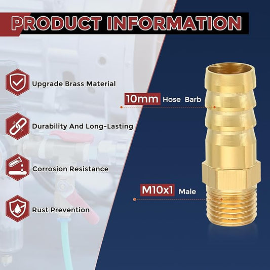 Pack of 1 Brass Hose Barb Fittings Adapter Connector 10mm Hose Barb to M10x1 Male Fittings for Home Machines, Massage Bathtubs, and Irrigation Systems