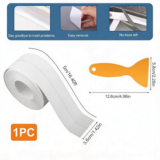 White Waterproof Caulk Tape 16.4 Feet Self Adhesive Peel and Stick Sealing Strip with Scraper Tool, Flexible PVC Caulk Strip for Shower, Tub, Toilet, Kitchen Countertop Indoor Edge Sealing