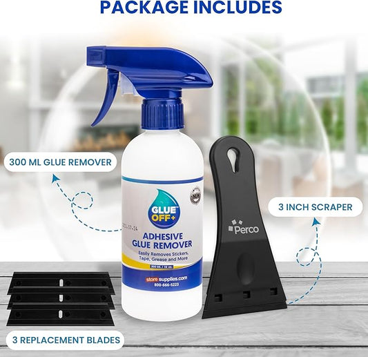 Perco Glue Off Adhesive Remover - 10 fl. oz with Scraper & Plastic Razor | Glue Remover Spray Effortlessly Erase Adhesive Hassles & Car Stickers - for Label Sticker Residue