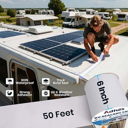 ADHES White Butyl Sealant Tape 6 Inch x 50 FT – Single-Sided Waterproof RV Roof Repair Tape, Leak-Proof Sealant for Camper, Window, Skylight, and Roof Edge