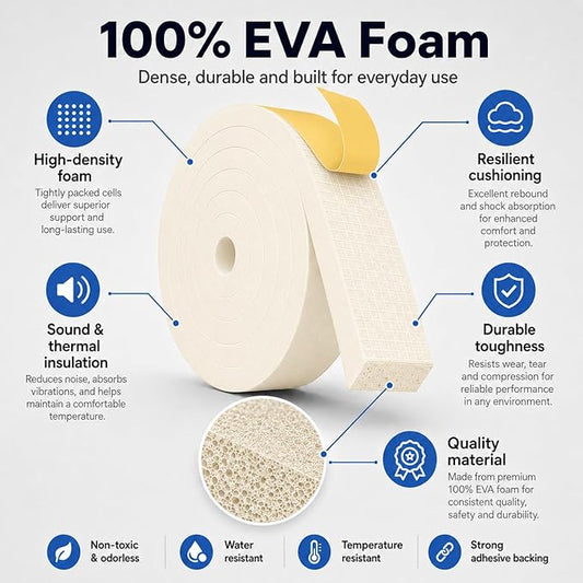 33FT EVA Foam Weather Stripping Door Seal, Self-Adhesive Weatherstrip Tape for Door Frame, Window Gaps, Soundproof Insulation