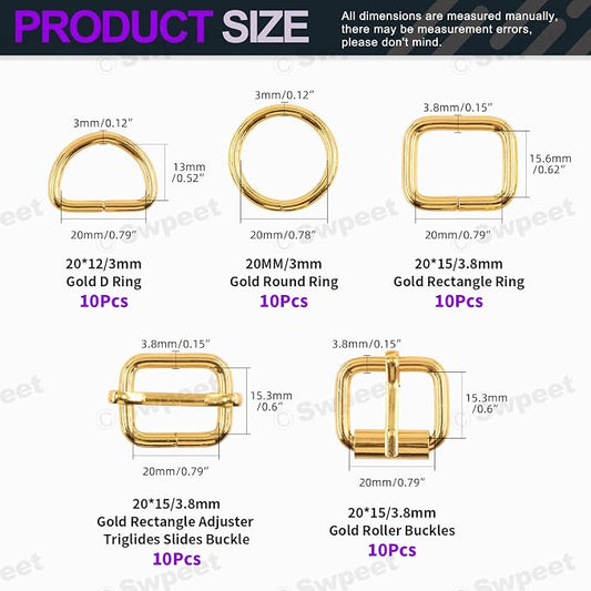 Swpeet 5 Style Metal Buckles - Adjustable Slide, D Ring, Circular Ring