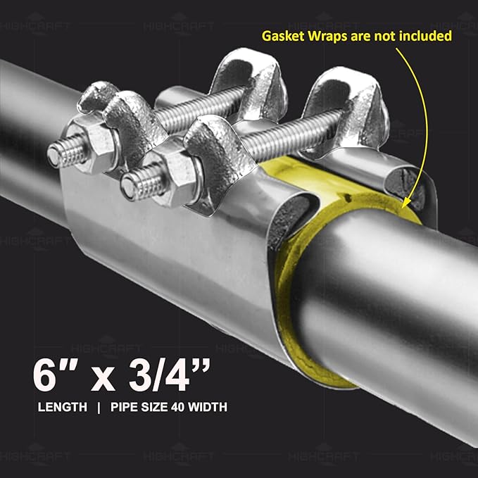HIGHCRAFT 60075TTSD-5 Pipe Repair Clamp 3/4'', Double Bolt, 6” Long, Stainless Steel (5 Pack), Chrome