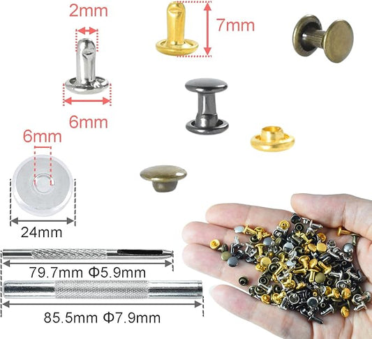 400Sets 6mm Double Cap Leather Rivets Kit, Leathercraft Rivet Tubular Metal Rivets Studs with 3PCS Punch Rivets Setting Tools, for Keyring Pets Collar Bag Repair Decorate Crafts Accessories (4 Colors)
