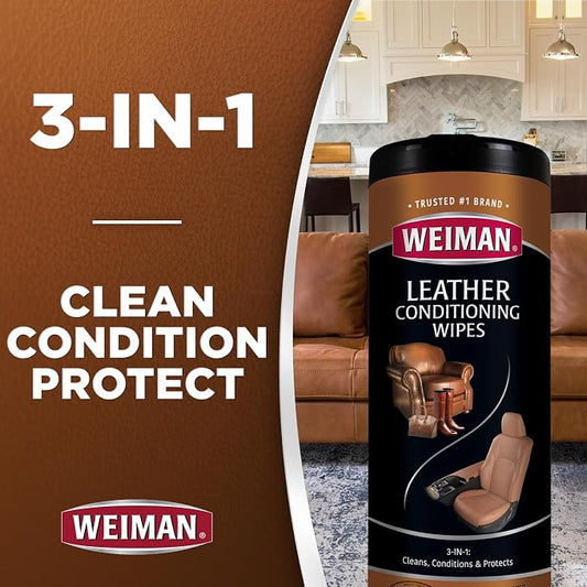 Weiman Leather Cleaner & Conditioner - Cleans, Restores & Protects Leather, UV Protection Prevent Cracking & Fading, For Car Seats, Sofas, Shoes, Bags & All Finished Leather Surfaces, 2 Pack, 60 Wipes