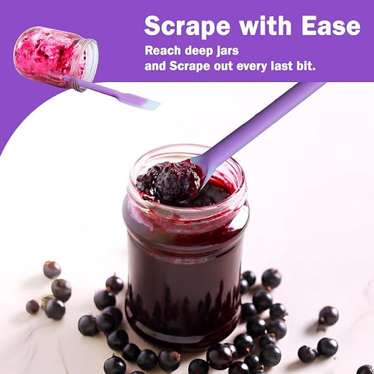 Long Handle Jar Scraper & Dual-Ended Silicone Spatula Spoon Set of 3 – Peanut Butter Spatula with Measuring Scale (1 Tbsp, 1 Tsp, 1/2 Tsp) for Deep Jars, Jam, Mayo, Blender Cups (purple)