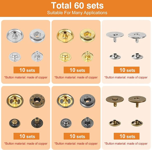 Snap Fastener Tool Kit, 40 Sets15MM Metal Snaps for Leather & 20 Sets 18MM Magnetic Buttons, 4 Color Leather Button Snap, 2 Color Magnetic Snaps Kit for Fabric, Wallet, Canvas(Total 60Sets)