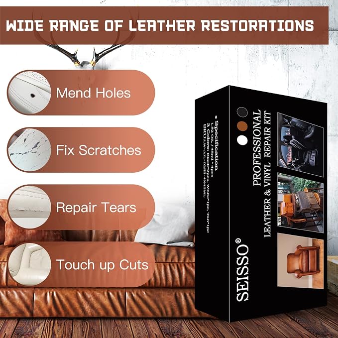 SEISSO Vinyl and Leather Repair Kit for Furniture, Sofa, Jacket, Couches, Car Seats and Purse. Easy Instructions to Match Any Color, Restore Any Material, Bonded, Italian, Pleather, Genuine