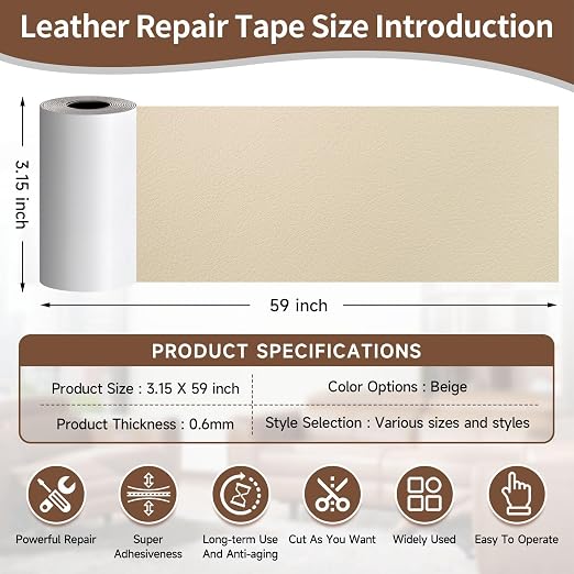 Leather Repair Tape, Heavy Duty Vinyl Repair Patch, Waterproof Self Adhesive Leather Repair Kit for Fixing Holes & Scratches on Couch, Car Seat, Furniture (Beige, 3.15 x 59in)