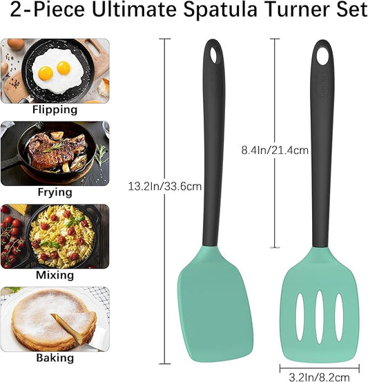 Coukre 2 Pack Silicone Spatula Set, High Heat Resistant, BPA Free Kitchen Spatula, Solid & Slotted Turner for Non-Stick Pans, Sautéing, and Flipping (2, AquaGreenBlack)