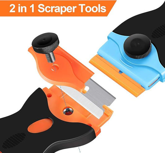 2PACK Razor Blade Scraper, 2-in-1 Scraper Tool with 12Pcs Plastic Blades and 7Pcs Metal Blades, Multi-Purpose Cleaning Razor Scraper for Decals, Stickers, Labels, Caulk, Adhesive, Paint Removal