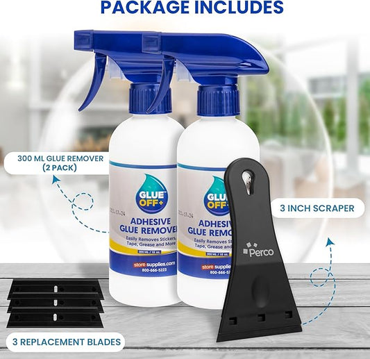 Perco Glue Off Adhesive Remover - Set of 2 10 fl. oz with Scraper | Glue Remover Spray Effortlessly Erase Adhesive Hassles & Car Stickers - for Label Sticker Residue