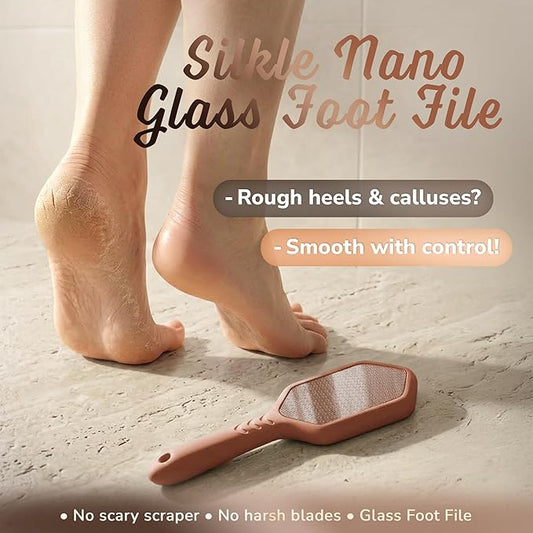 SILKLE Nano Glass Foot File - Silicone Foot Callus Remover for Feet and Cracked Heels - Heel Scraper for Dead Skin - Ergonomic Foot Scrubber & Exfoliator for Shower with Non-Slip Grip - Brown