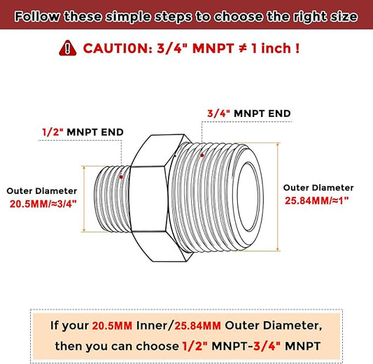 Pack of 2, 3/4" NPT Male to 1/2" NPT Male Solid Brass Hex Nipple Hose Connectors, Male Pipe Adapter for Pipe Leak Repair, Bathroom Remodeling, Tool Extensions, Compression