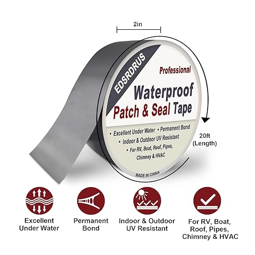 EDSRDRUS RV Roof Tape Grey 2 inch x 20 ft RV Sealant Tape, Waterproof & UV Resistant Permanent RV Repair Tape for Repairing Roofs, Pipes, Gutter, Deck Fittings