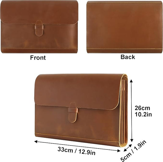 Genuine Leather File Folder, Accordian File Organizer, Leather Document Holder Resume Folio for Men & Women - Brown