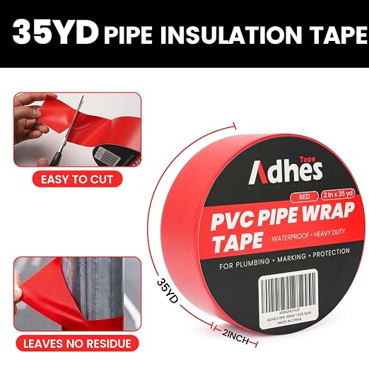 ADHES PVC Pipe Wrap Tape, 2 Inch X 35 Yds, Corrosion Protection Pipe Tape, Weatherproof PVC Tape for Drain Pipe, Metal & Electrical Piping, Underground Pipe, Red