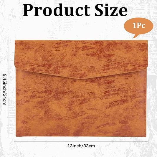 Waterproof A4 PU Leather Envelope File Holder Brown Thin Document Folder Portfolio Filing Oragnizer Pocket Storage Case with Snap Closure for Receipt Contract Stationery Tablet