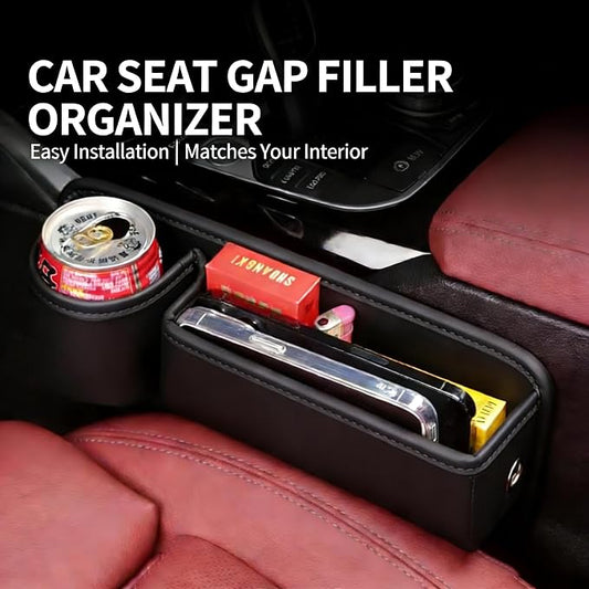 Car Seat Gap Filler Organizer, PU Leather Car Accessories Organizer, for Front Seat,Console Organizer for Phone, Keys and Small Items, It has a cup holder and a long storage slot.(Driver side)
