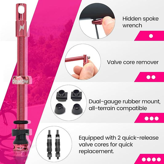 RideNow Tubeless Presta Valve Stems, 85mm Super Light Alloy Presta Tubeless Valve Stem Kit with Valve Core Remover Tool and Valve Stem Caps, Multiple Color and Size Options(Pair), Pink