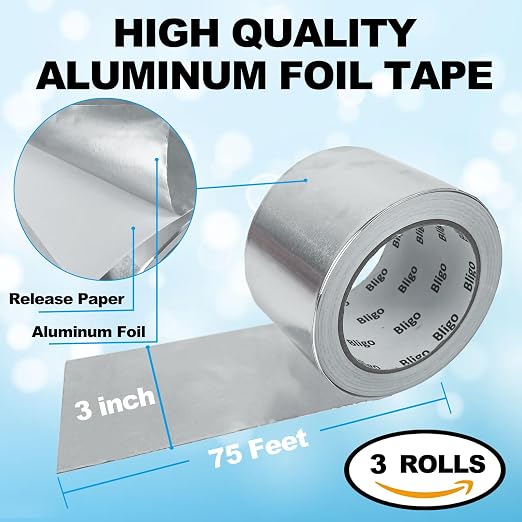 3 Pack Aluminum Foil Tape 3 Inch x 225 Feet Total, Heavy Duty Waterproof HVAC Tape, High Temperature Resistant Metal Tape for Ductwork, Dryer Vent, Pipe Insulation, Sealing & Patching