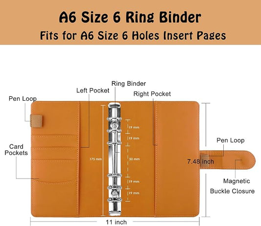 Antner A6 PU Leather Refillable 6 Ring Notebook Binder for A6 Filler Paper, Loose Leaf Personal Planner Binder Cover with Magnetic Buckle for Budget, Dark Yellow