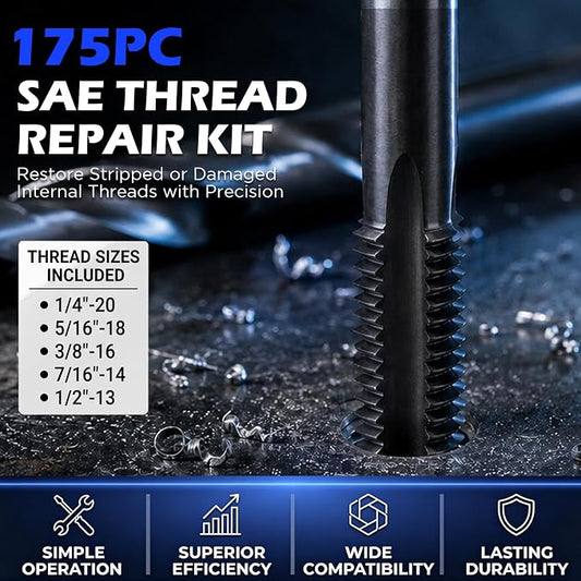 175PC SAE Thread Repair Kit, Thread Restorer Tool Set with HSS Drill Bits, Taps, Thread Inserts, Installation and Break-Off Tools for Stripped Threads, Automotive Repair, Metalworking and Garage Use