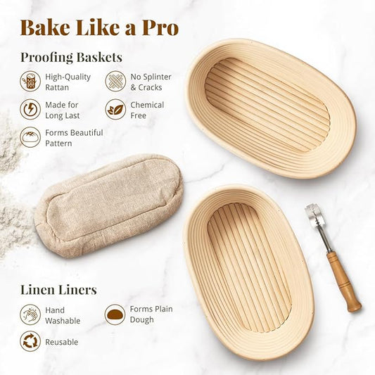 Sourdough Starter Kit, Banneton Bread Proofing Baskets Set, Sourdough Bread Baking Supplies Making Tools with Dough Scraper, Whisk, Bread Lame, Recipe
