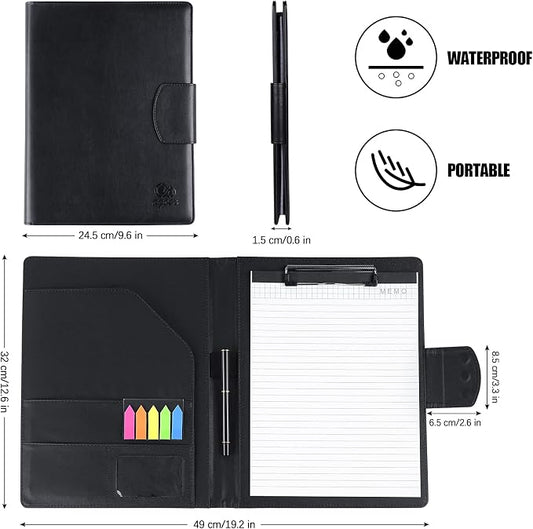 Agoer Professional Padfolio Clipboard Folder with 3xMagnetic Closure Cover | Faux Leather,A4 Size,With A4 Writing Pad & Pen & Sticky Tab,for Business Office Conference(Black),Portfolio Legal Pad Holder